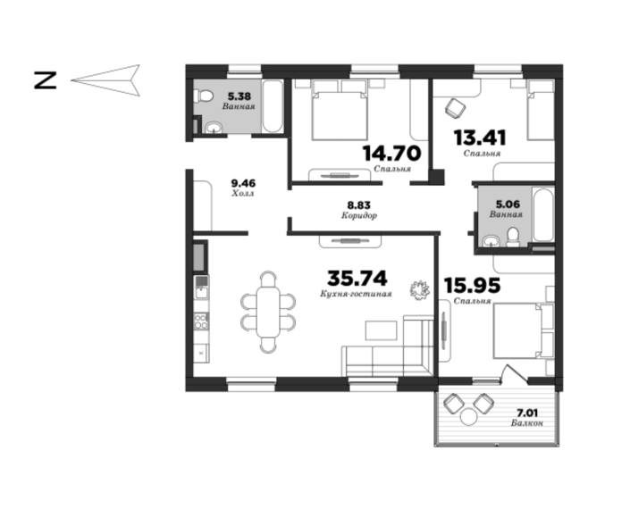 NEVA HAUS, Корпус 1, 3 спальни, 112.04 м² | планировка элитных квартир Санкт-Петербурга | М16